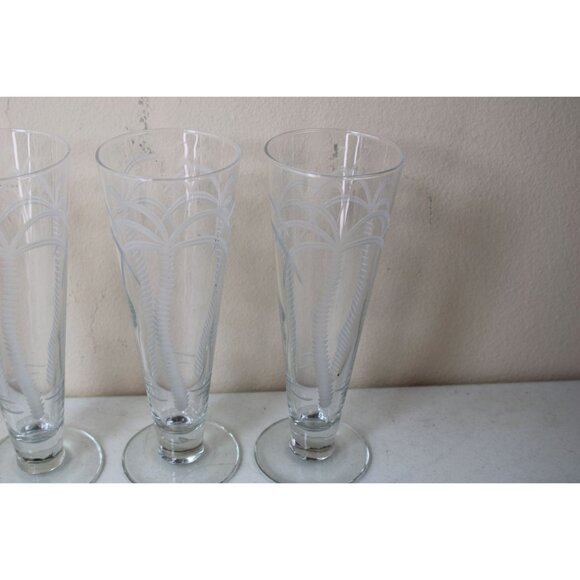 4 Rolf Palm Tree Etched Pilsners Glasses Tropical Clear 91330 Set - Picture 3 of 6